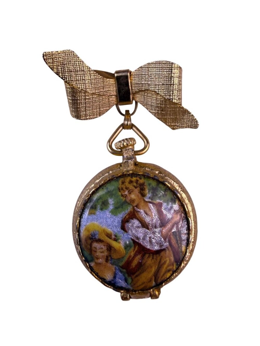 Vintage Gold Tone Enameled Womens Locket Brooch Hand-Painted Pastoral Scene Bow